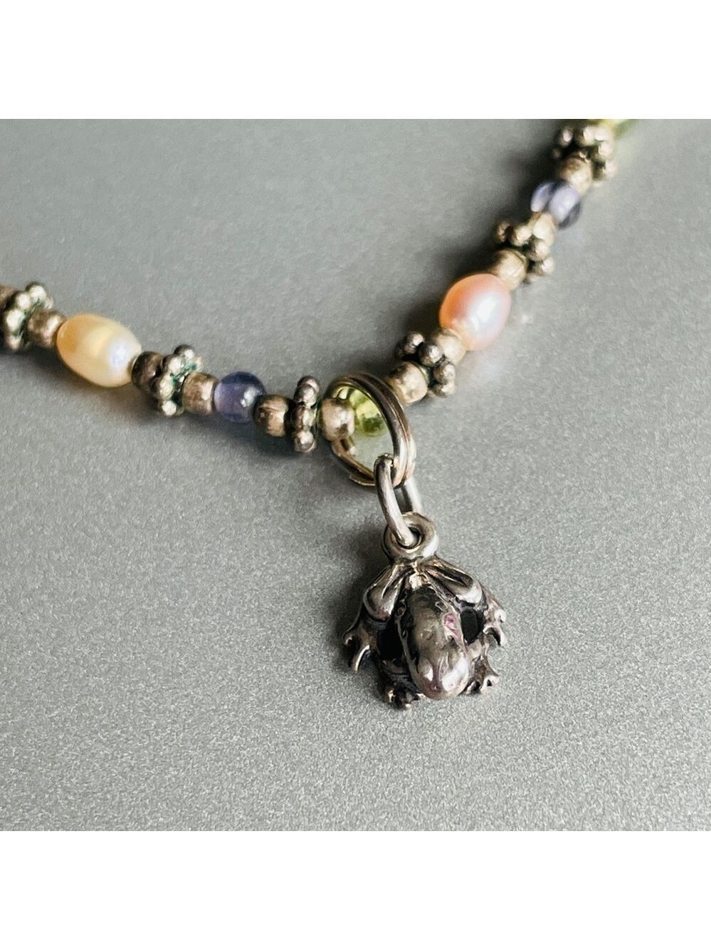 Frog Charm Pendant on Beaded Pearl, Glass & Sterling Silver Bead Necklac…